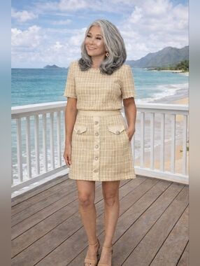 Taupe Short Sleeve Tweed Top and Skirt Set
